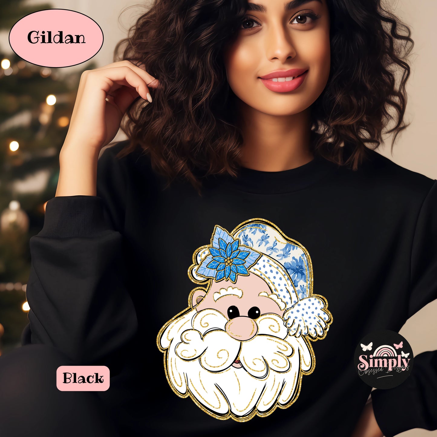 Blue Dots & flowers Santa Faux glitter Sweatshirt